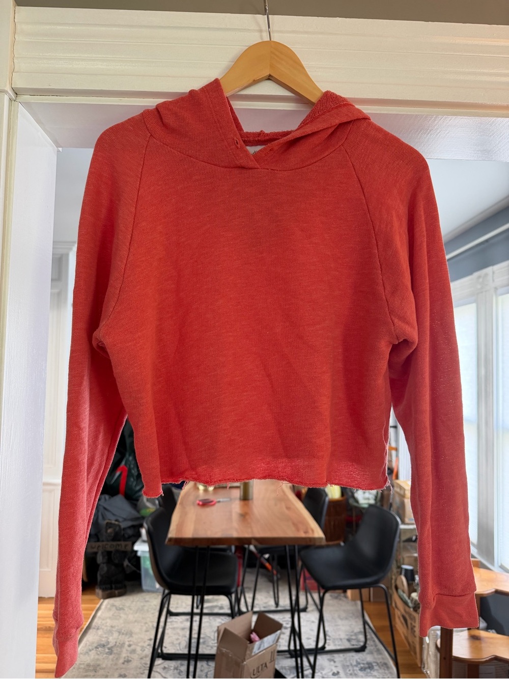Cropped Hooded Pullover Sweatshirt - Coral Red